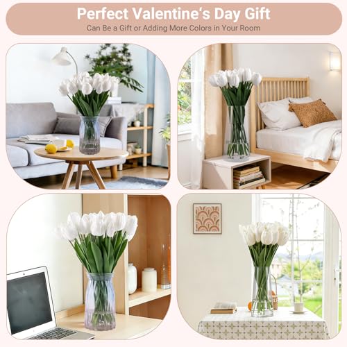 20 Pcs Fake Tulips Flowers 16" Tall, Realistic Touch Leaves, Bottle Tulip Artificial Plants Indoor for Home Decor Small Office Home Living Room-Vase Not Include -White - size: 16 Inch Tulips White