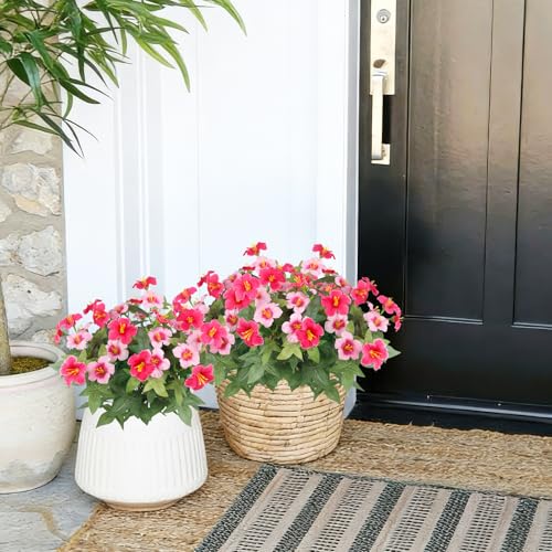 2 Pcs Artificial Flowers for Outdoors Fake Plants Outside Spring Summer Decoration Realistic Silk Morning Glory UV Resistant Faux Flowers for Planter Patio Yard Garden Front Porch Pink Rose Red - color: Pink, Rose Red