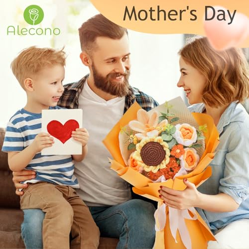 Alecono Crochet Flower Bouquet, Orange Knitted Flowers, Crochet Sunflower Flower for Lover Valentines Day Anniversary Birthday Party Mother's Day Graduation Gifts (Include Card) - color: Orange, size: Large