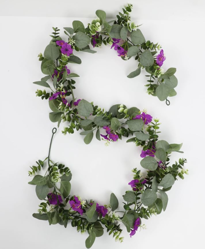 2Pack Eucalyptus Flower Garland with Violet 5.9Ft Artificial Ivy Greenery Hanging Vine Fake Ivy Floral Plants Garland for Wedding Outdoor Garden Party Background Table Runner, Total 11.8Ft, Purple - color: Purple Violet