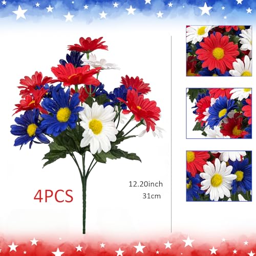 4 Bunches Memorial Day Flowers for Cemetery 15" Red White and Blue Artificial Flowers Faux Daisies Silk Flowers for 4th of July Table Decorations Indoor Outdoor