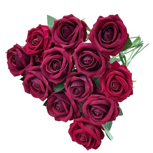 12PCS Artificial Silk Fake Roses Bouquet Long Stem, Wine Red | Realistic Fake Roses, Home Wedding Decoration, Party Table Decoration, Valentines Mother's Day - color: 12 Wine Red