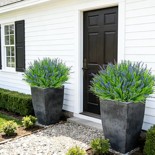 24 Bundles Artificial Plants Flowers Outdoor, Faux Lavender Flowers Fake Monkey Grass UV Resistant Plastic Plant for Porch Garden Patio Window Home Decor, Purple - color: Purple