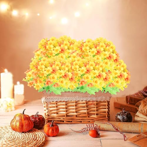 6 Bundles Silk Daisy Mums Artificial Fake Flowers UV Resistant Outdoors Decorations Faux Flowers for Thanksgiving Garden Porch Front Door Window Box Hanging Planters (Orange) - color: Orange