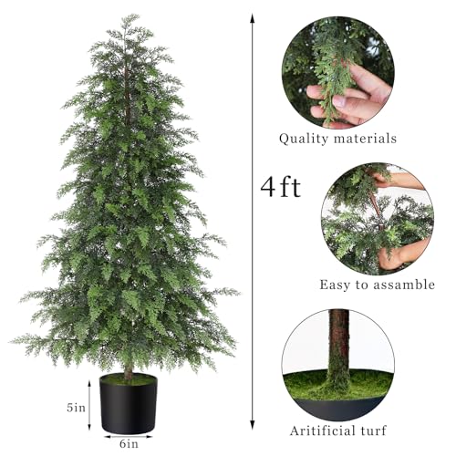 4FT Soft Textured Cedar Topiary Trees for Front Porch Decor, Artificial Shrubs Faux Plants Potted UV Resistant Fake Greenery for Outdoor Indoor Door Garden Farmhouse Home Decoration (Set of 2) - size: 4FT