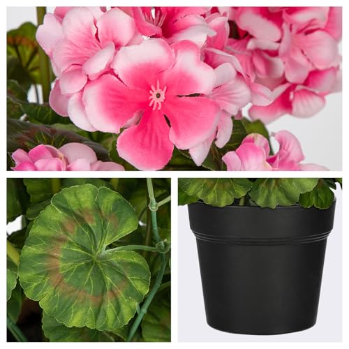 Briful Artificial Geranium Potted Plant – 16” Tall, Realistic Silk Flowers with Vibrant Green Leaves, Pink White Geraniums Fake Flowers for Outdoors Home Décor, Wedding Farmhouse Office Tables Decor - color: Pink