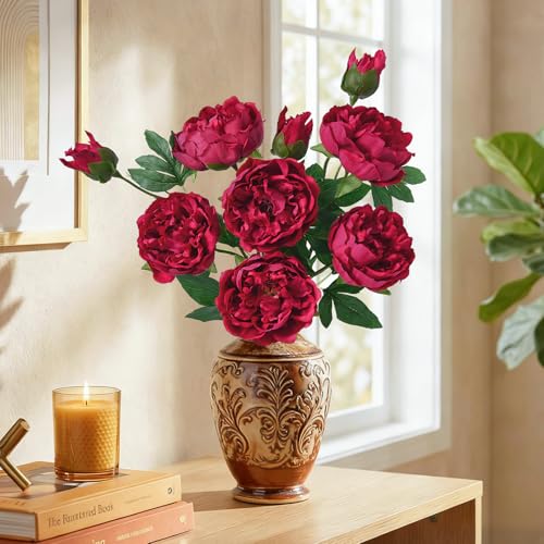 MARTINE MALL 3PCS Real Touch Peonies Artificial Flowers, 22in Burgundy Fake Peonies Artificial Peonies Flowers Latex Large Faux Peony Flowers for Centerpiece Table Wedding Party Home Decor - color: Burgundy, size: 3PCS