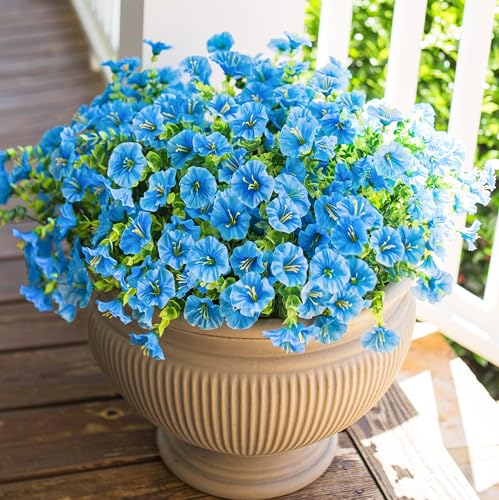 HyeFlora Artificial Fake Outdoor Flowers Plants for Spring Summer Decor, 12 Bundles Outside Silk Blue Morning Glory UV Resistant Look Real Faux Flowers for Front Door Patio Porch Yard Window Balcony - color: Blue