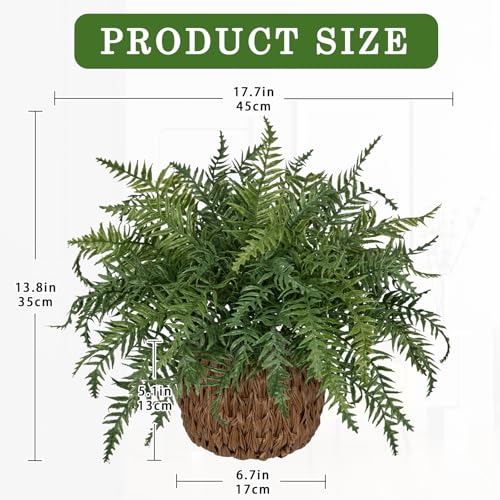 Hollyone 17.7" Fake Fern Potted Plant Artificial Ferns in Woven Pot for Indoor Faux Fern Bush Plant for Patio Garden Farmhouse Windowsill Office Living Room Home Decor - size: Woven Pot - Short Fern