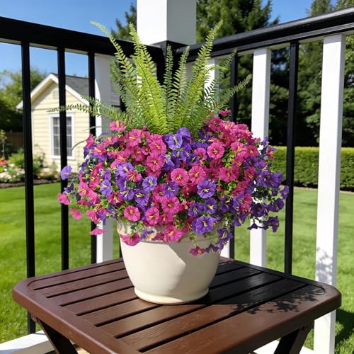 Hrobek Artificial Flowers for Outdoors Faux Plants Outside Indoor,UV Resistant Silk Fake Morning Glory Tall Ferns for Home Patio Garden Back Yard Front Porch Decor(13 Bunches,Dk. & Lt. Purple) - color: 3 Color Mixed (6 Purple,6 Light Purple,1 Tall Fern)