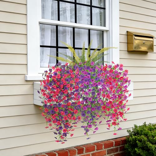 Artificial Fake Hanging Flowers Plants for Outdoor Spring Decoration,3 PCS Faux Silk Daisy with Boston Ferns,UV Resistant Look Real for Outside Home Indoor Planter Porch Patio Balcony Yard Decor - color: Dark Purple Light Purple