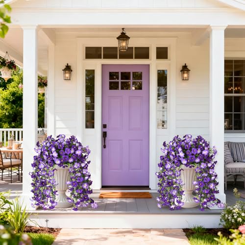 Artificial Hanging Flowers Plants for Outdoor Spring Summer Decoration, 2PCS Faux Silk Morning glory UV Resistant Look Real for Outside Home Indoor Planter Porch Garden Yard Decor(Dark Orchid) - color: Dark Orchid
