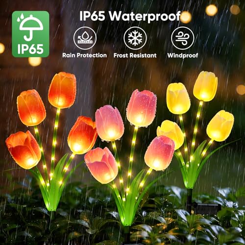 Solar Tulip Lights Outdoor Waterproof: 6 Pack 6 Color Solar Flower Garden Lights with Bendable Stems - 800mAh for 12H Lighting Auto On/Off - Garden Gifts for Mom - Patio Porch Yard Lawn Decor - color: Orange+Pink+Yellow+Blue+Purple+White