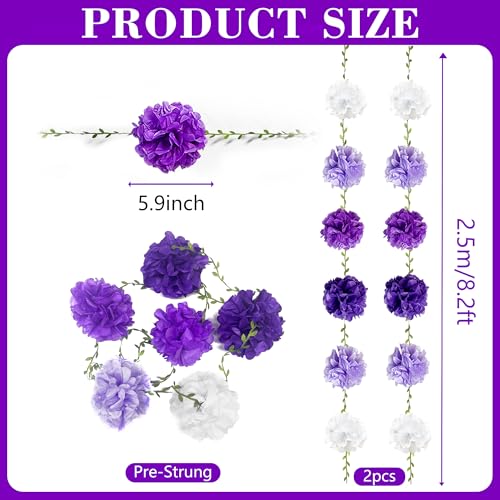 Ombre Purple White Party Decorations Lavender White Tissue Paper Flowers Pom Pom with Leaf Ribbon Hanging Garland Streamer for Birthday Baby Shower Bachelorette Wedding Lilac Violet Party Supplies - color: Purple