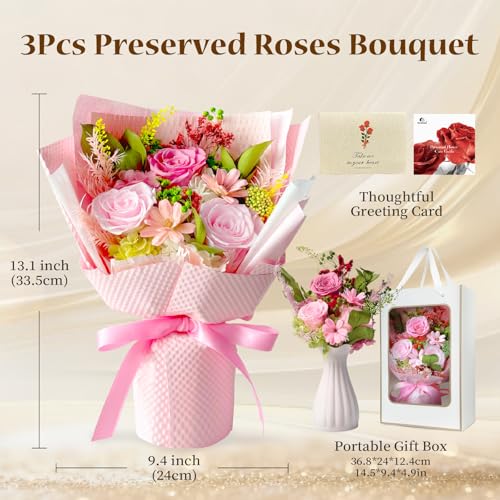Preserved Roses Bouquet with Vase - Pink Real Eternal Roses that Last 1-3 Years - Forever Flowers Valentines Day Gifts for Her, Home Decor Centerpiece - color: Pink
