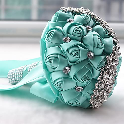 XINNI Handmade Bridal Wedding Bouquet Bride Bridesmaid Satin Rose Flower Bouquet with Meteor Shower Shape Rhinestone Wedding Decoration Turquoise - color: Turquoise