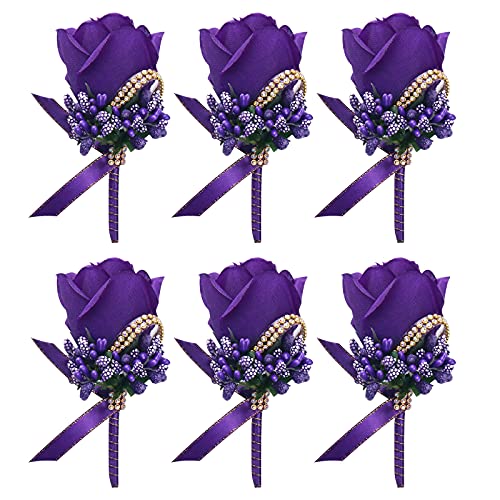 Purple Wedding Rose Boutonniere with Pins for Men Wedding Groomsmen Best Man, Groom Boutonnieres for Party Prom Anniversary (Boutonniere-Purple, 6 Packs) - color: Boutonniere-purple, size: 6 Packs