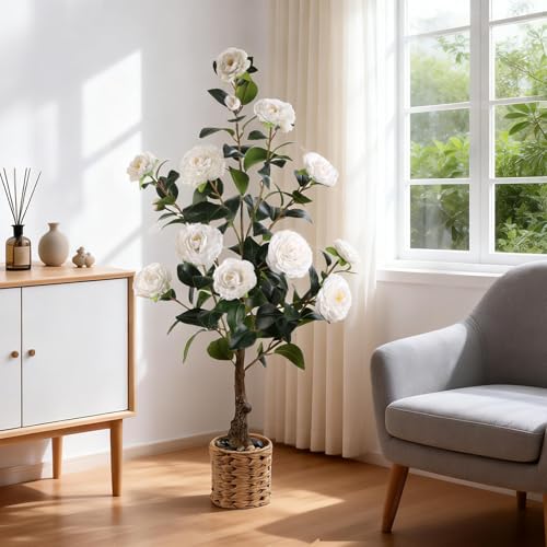 Artificial Camellia Tree 2 Pack, 3Ft Faux White Camellia Plant in Pot, Fake Outdoor Tree Camellia Flower Tree for Home Office Living Room Floor Indoor Decor - color: White