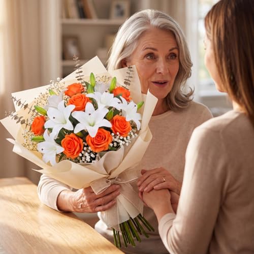 Fake Flower, 16 Pcs Plastic Orange Roses & PU White Lilies, Artificial Flowers Faux Bouquet Realistic for Vase Home Decor Gifts for Mother's Day Table Centerpiece Wedding Bridal Arrangement