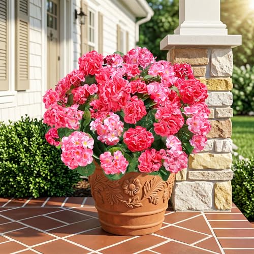 Fake Geraniums Artificial Flowers for Outdoors, 6 Bundles Silk Geraniums Flowers Realistic UV Resistant Fake Plants Faux Flowers for Outside Planters Front Door Garden Balcony Yard Porch Indoor, Mix - color: 3 Pink, 3 Hotpink