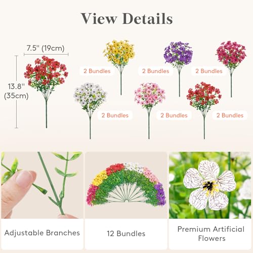 Lifewit Artificial Flowers for Outdoor Indoor, 12 Bundles Plastic Fake Flowers Daisy with Eucalyptus Leaves for Home Garden Decor, Porch, Window Box(Mix for Fuchsia Purple White Pink Yellow Red) - color: 6 Mix Color