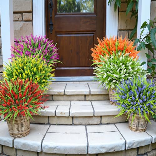 Ouddy Decor 24 Bundles Artificial Flowers for Outdoors, Fake Lavender Flowers Monkey Grass Faux Plastic Plants Shrubs UV Resistant for Porch Garden Window Box Office Home Decorations, White - color: White