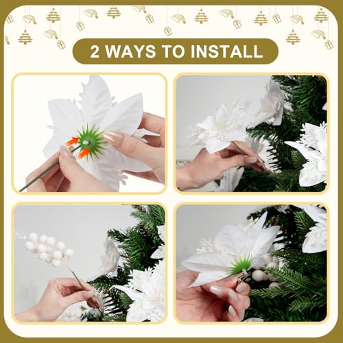 trytuny 50pcs Glitter Poinsettia Christmas Ornaments, Artificial Flowers with Clips Stems for DIY Wreath Making, Holiday Home Party Decorations, Indoor Use (White) - color: White
