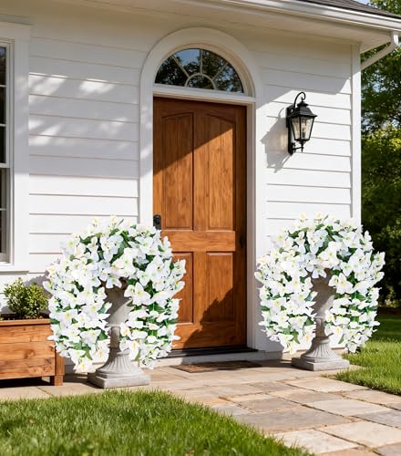HyeFlora Bougainvillea Artificial Hanging Flowers Plants for Outdoors Decoration, 2pcs White Fake Flowers Silk Bougainvillea Vines Realistic UV Resistant Faux Flowers for Outdoor Planters Patio Yard - color: White