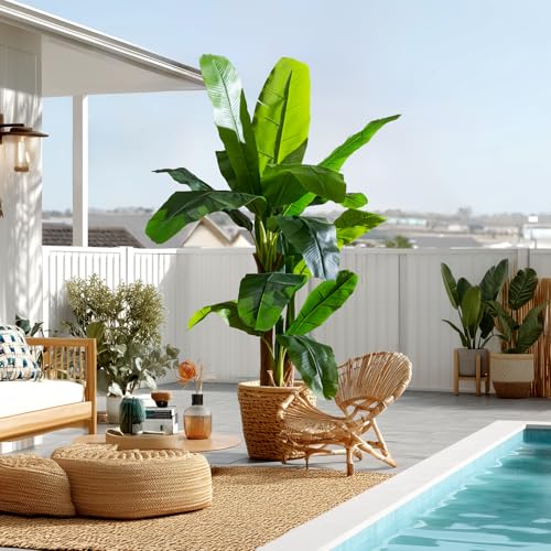Artificial Banana Tree 6ft, Faux Tropical Palm Tree Plant with Realistic Leaves, Low Maintenance Indoor Outdoor Decor for Home Office Porch, in Nursery Pot - size: 6ft