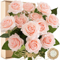 FiveSeasonStuff Real Touch Peach Pink Artificial Rose Stems, 12 Faux Flower Stems for Vase Arrangements, Soft Color Floral Styling - color: Peach Pink
