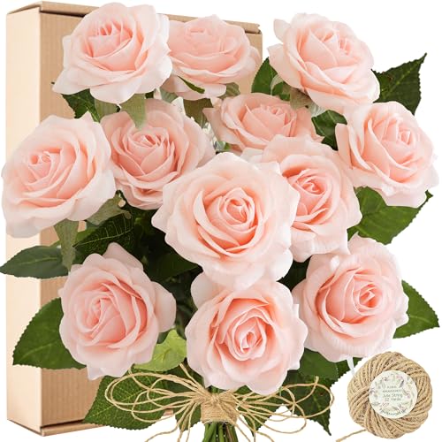 FiveSeasonStuff Real Touch Peach Pink Artificial Rose Stems, 12 Faux Flower Stems for Vase Arrangements, Soft Color Floral Styling - color: Peach Pink
