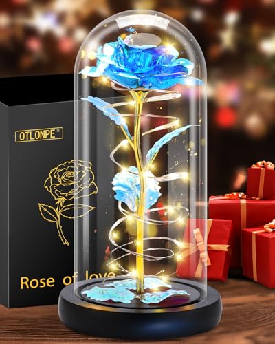 Otlonpe Preserved Artificial Glass Rose Flower Lamp, Forever Women Gifts for Birthday Christmas Valentines Mothers Day, 7.7'' Blue Rose Gifts for Mom Grandma Daughter Wife Girlfriend, Home Decor - color: Blue