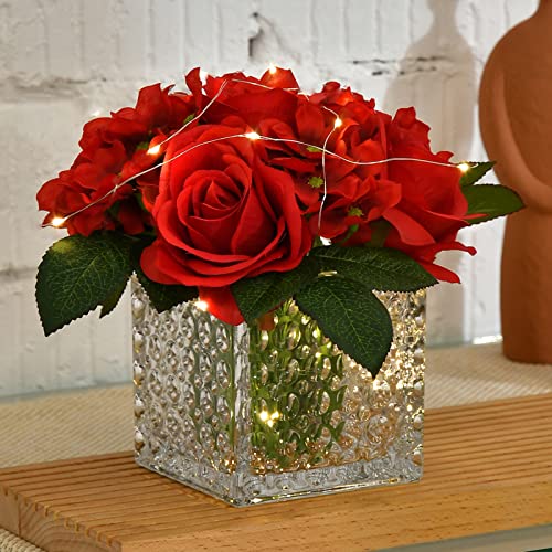 Fule Artificial Silk Rose Flower Centerpiece Arrangement in Glass Vase with LED Light for Home Wedding Decoration (Red) - color: Red