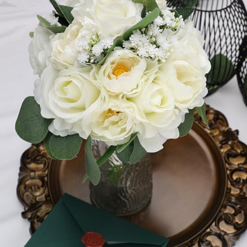 Wedding Bouquets for Bride, 11 Inch Bridesmaids Bouquets Artificial Flower Bouquets for Wedding Ceremony Bridal Shower Decorations - White - color: Ivory White