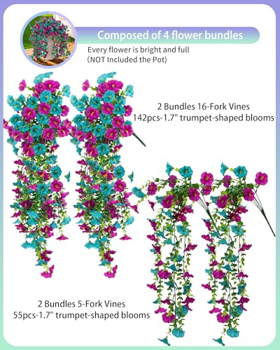 Cascading Fake Hanging Flowers for Outdoors,Realistic Artificial Hanging Plants Yard Decorations,4 Bundles UV Resistant NO Fade Silk Colorful Morning Glory for Outside Garden Planter Front Porch Decor - color: Teal+purple