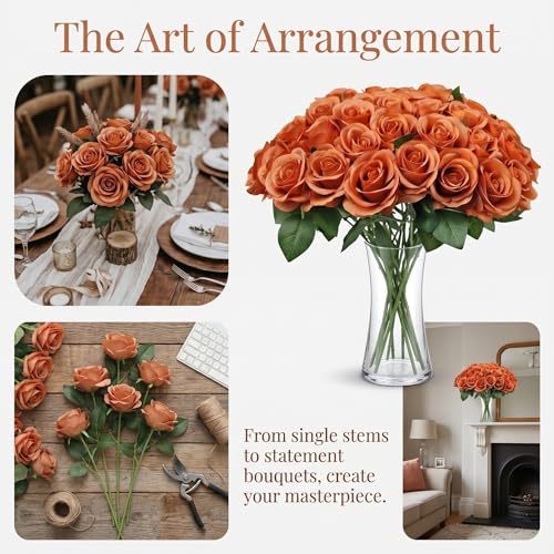 52pcs Terracotta Roses Artificial Flowers Fake Flowers Silk Roses with Stems for DIY Wedding Bouquets Bridal Shower Centerpieces Arrangements Party Home Decorations - color: Terracotta