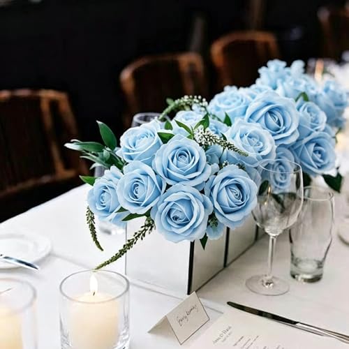 Rose Artificial Flowers Velvet Bouquet with Long Stem Real Touch Fake Roses Florals for Bridal Wedding Bouquet Party Arrangement Centerpiece Decorations (36, Light Blue) - color: Light Blue