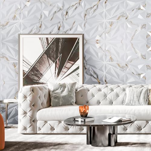 Art3dwallpanels 33 Pack 3D Wall Panel Diamond for Interior Wall Décor, PVC Textured Wall Panels, 12''x12'' Cover 32.Sq.Ft. Gold Veined White - color: Gold Veined White, size: 33 Pack