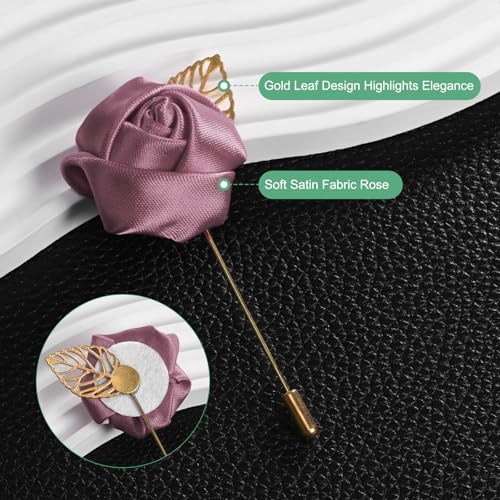 M METERXITY 12-Pack Flower Lapel Pins for Men, Golden Leaf Rose Boutonnieres Pin for Wedding/Dance/Party, Mens Lapel Pins for Suits Satin Flower Corsage Hat Pins [Red Bean Paste] - color: Red Bean Paste