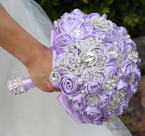 Bridal Wedding Bouquet Round Bling Brooch Bouquet Artificial Rose Flower Bunch for Bride Bridesmaid Wedding Quinceanera(Light Purple, 8.7") - color: Light Purple*, size: Medium (Dia. 8.7"/22cm)