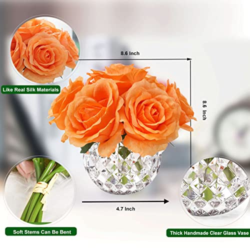 7 Large Stem Orange Rose Artificial Flowers in Vase, Silk Flowers Arrangement in Round Glass Vase Without Water for Home Decor, Wedding Table (Orange) - color: Orange W/O Water