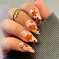 24Pcs Fall Press on Nails Medium Almond Fake Nails Colorful Flower False Nails with Glossy Design Floral Glue on Nails Full Cover Artificial Thanksgiving Stick on Nail for Women Acrylic Manicure DIY