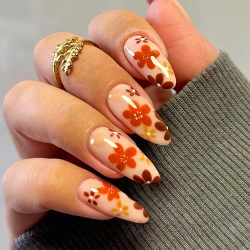 24Pcs Fall Press on Nails Medium Almond Fake Nails Colorful Flower False Nails with Glossy Design Floral Glue on Nails Full Cover Artificial Thanksgiving Stick on Nail for Women Acrylic Manicure DIY