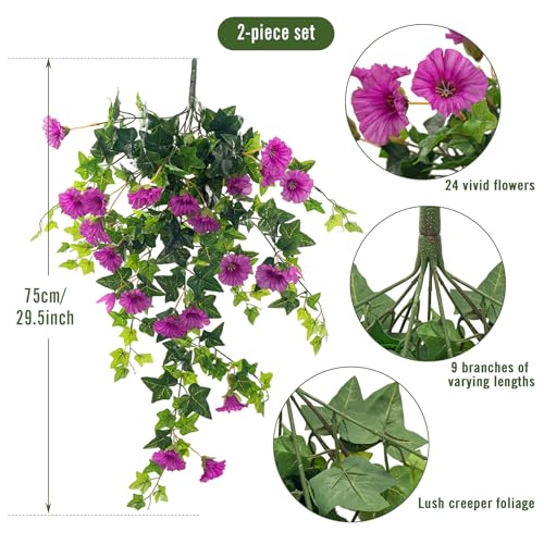 Ttranewsoo Artificial Flowers Faux Outdoor Plants Artificial Petunias for Outdoors Uv Resistant Fake Petunias Plants Hanging Flower Patio Decor Outside Basket Realistic Silk Plant No Pot(Purple 2pcs)