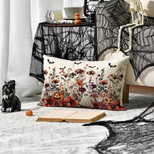 AVOIN colorlife Halloween Horror Wildflowers Throw Pillow Cover, 12 x 20 Inch Pumpkin Ghost Bat Cushion Case Decoration for Sofa Couch - size: 20" x 12" (Pack of 1)