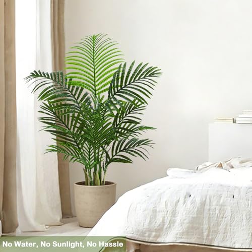 Artificial Palm Tree Indoor, 3.5FT Tall Faux Plants, Fake Tropical Silk Floor Plant with White Planter, Faux Areca Palm Plant Artificial Tree in Pot for Home Room Office Outdoor Patio Decor