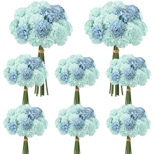 72 Pcs Blue Green Hydrangea Artificial Flowers, Round Floral Bouquet for Home Decor, Wedding, Party, and Seasonal Decoration, Realistic Fake Flowers for Centerpieces Aisle Table Arrangements - color: Blue