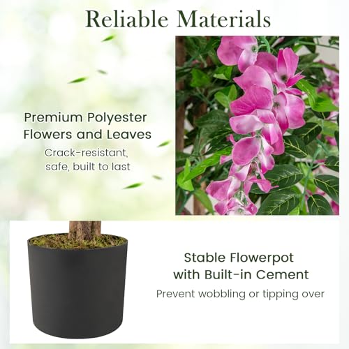 Goplus 5.5FT Ficus Artificial Tree, Faux Wisteria Tree in Nursery Pot with Blooming Flowers, Fake Potted Tree Greenery Floor Plant for Indoor Home Office Porch Living Room Decor - color: Rosy, size: 5.5ft