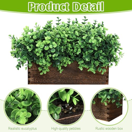 Lyrow 2 Pack Artificial Eucalyptus Plant in Rustic Rectangular Wooden Planter Box Greenery Faux Potted Herb Plant for Indoor Wedding Table Centerpiece(Emerald,11.4 x 3.7 x 7.8 Inches,Stylish Style) - color: Brown, size: 11.4 Inch, style: Emerald Green Rou