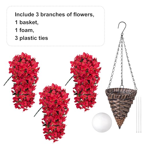 Ivydale Bougainvillea Artificial Hanging Fake Flowers with Basket for Outdoors Decoration, Faux Silk Flowers UV Resistant Fake Plants Long Vines Realistic for Outside Front Door Porch Patio, Red - color: Red